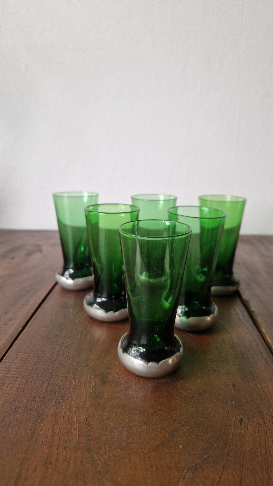 Set van 6 Gero groene borrelglaasjes met tinnen voet, Antiek en Kunst, Antiek | Glas en Kristal, Ophalen of Verzenden