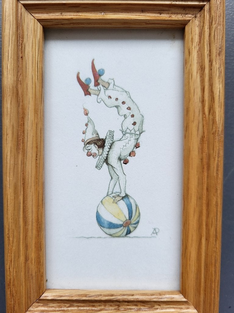 Circus/Anton Pieck /Ingelijste tekening van een clown op bal, Antiek en Kunst, Figuren, Aquarel, Papier/karton, Gesigneerd