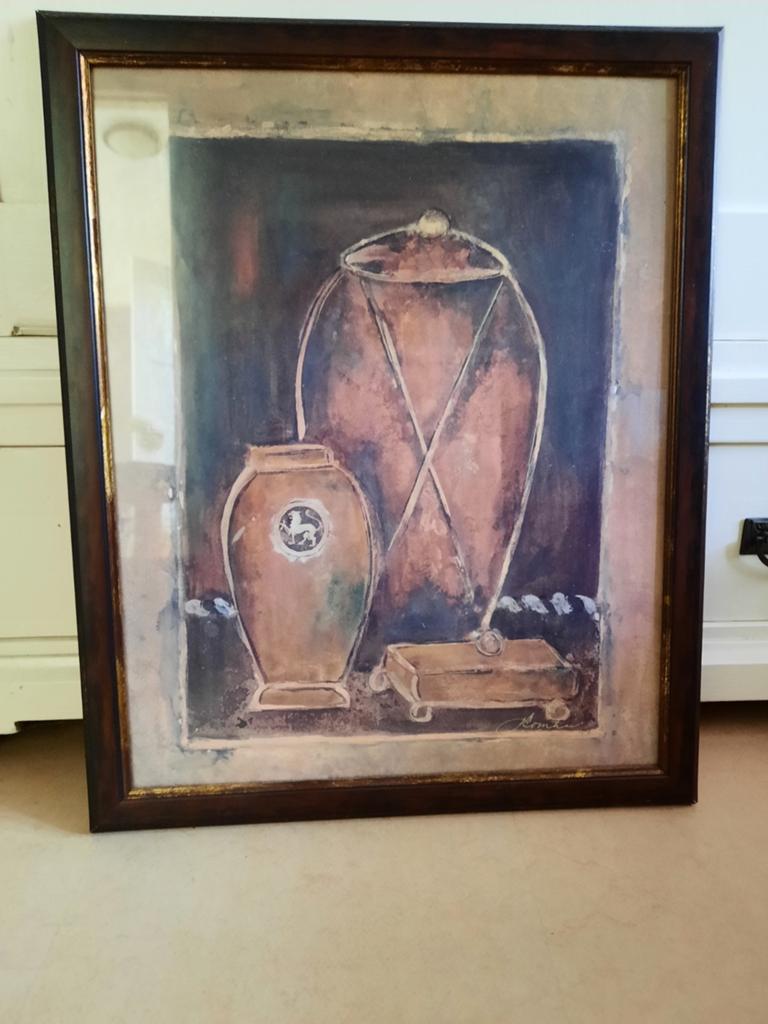Ingelijst stilleven aardewerken vazen, Joyce Combs, 45x55 cm, Ophalen of Verzenden