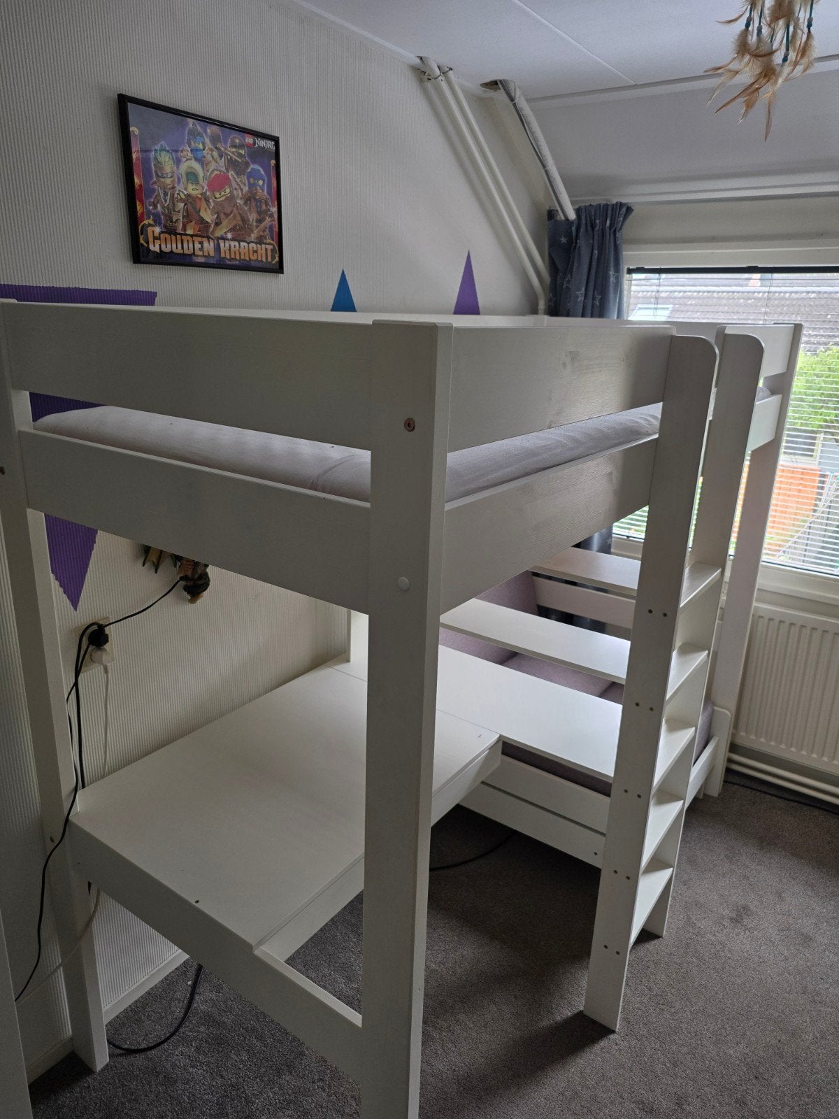 Hoogslaper Bed Robin (90x200 cm) met bankje en bureau, Ophalen, Gebruikt, Eenpersoons, 160 tot 180 cm