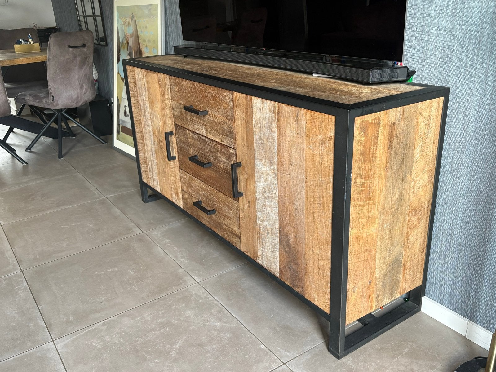 Massief mango houten dressoir / tv-meubel met staal, 150 tot 200 cm, Ophalen of Verzenden, Zo goed als nieuw, Met lade(s)