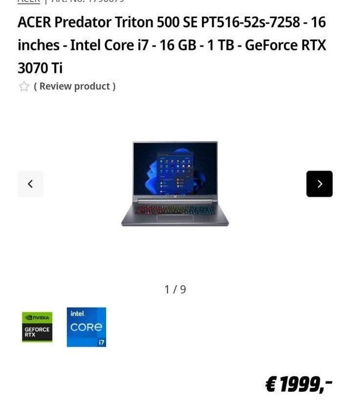 Foto 5 van Acer Predator Triton 500 SE - i7, RTX 3070 Ti, 16GB RAM