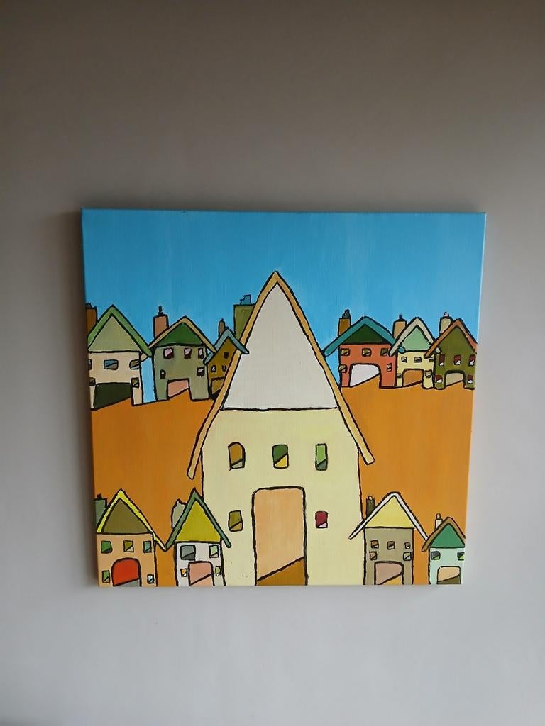 Schilderij 'Huizen in een straat' door Ina de Jonge, Ophalen