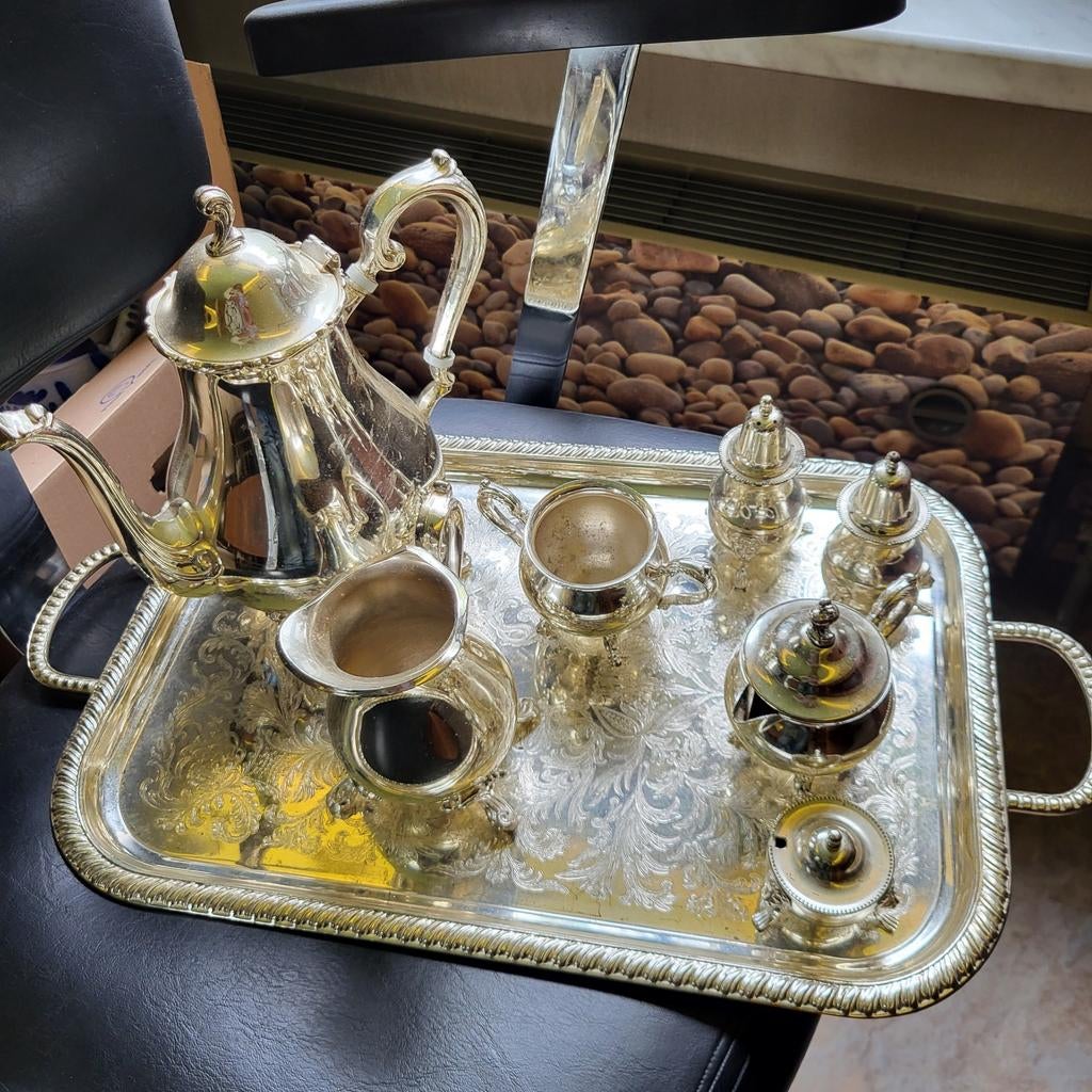Antiek Verzilverd Theeservies met Dienblad, Antiek en Kunst, Antiek | Goud en Zilver, Ophalen of Verzenden, Zilver