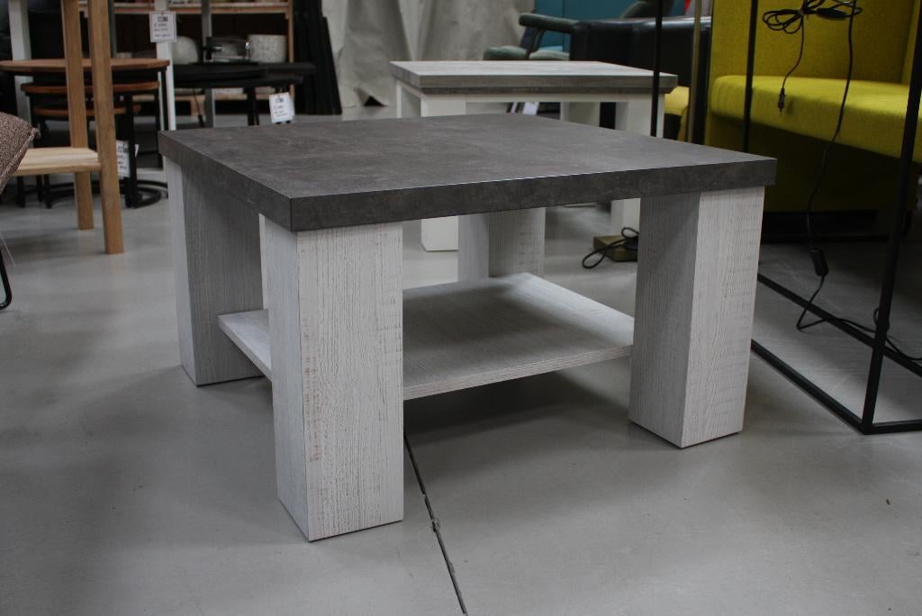 Vierkante salontafel + bijzettafel hout melamine wit grijs
