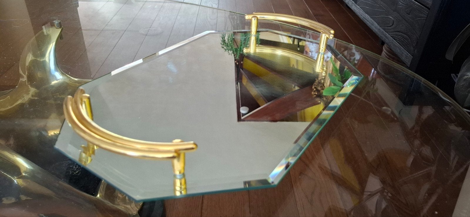 Elegant Glazen Dienblad met Gouden Handvatten, Ophalen of Verzenden, Zo goed als nieuw