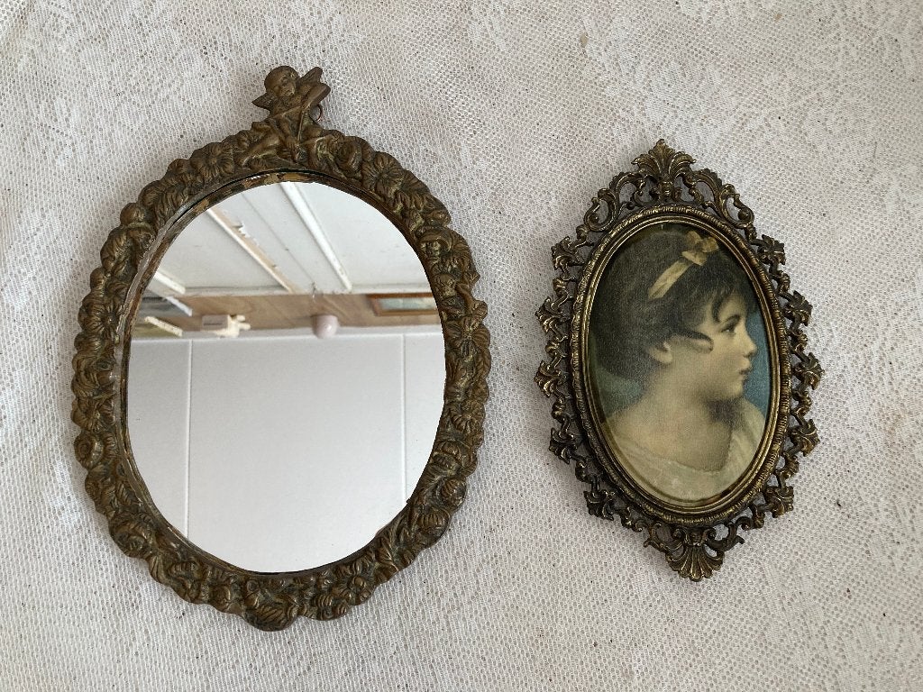 Brocante koperen lijst met engeltje & los spiegeltje, Minder dan 50 cm, Ophalen of Verzenden, ---, Minder dan 100 cm