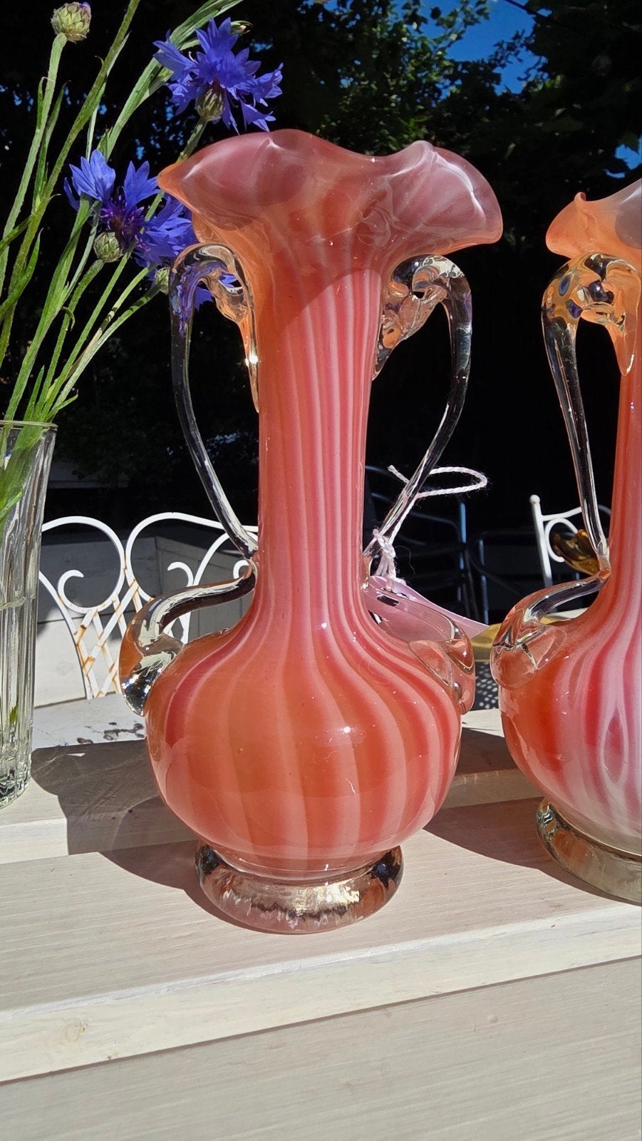 2 Vintage Murano Glas Vaasjes - H 16 B 7.5 D 4.5, Ophalen of Verzenden