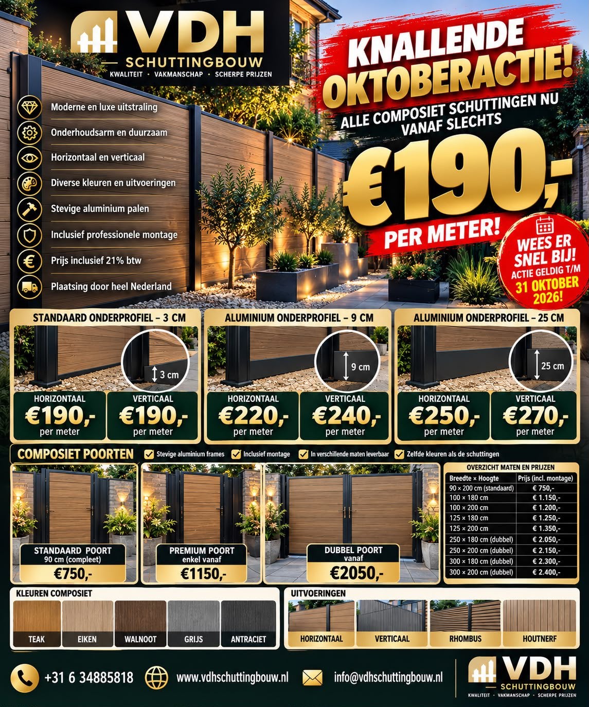 OKTOBERACTIE! Composiet Schuttingen €190 p/m incl montage, Tuin en Terras, Ophalen, 1 tot 2 meter, 6 meter of meer, Nieuw