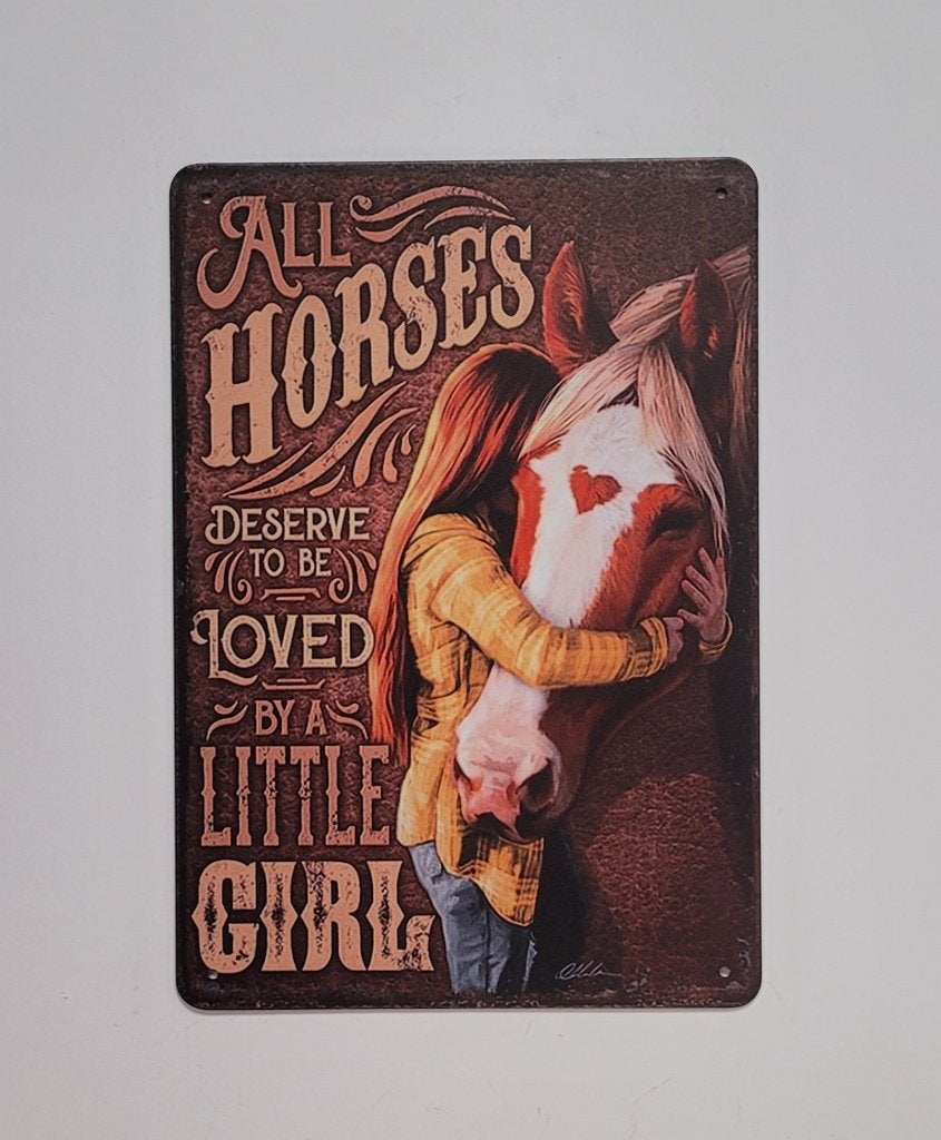 Horse deserve loved by little girl paard metalen reclamebord, Info@deconoord.nl, Deco Noord, Nieuw, Ophalen of Verzenden