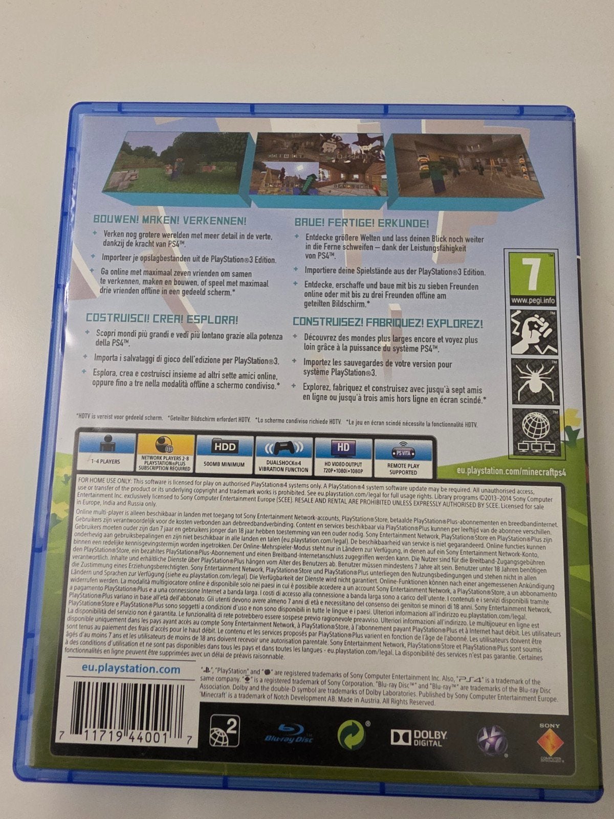 Minecraft voor PlayStation 4 en 5 Lees Beschrijving Aub, Avontuur en Actie, Mojang Studios, Support@mojang.com, Mojang AB, Söder Mälarstrand 43, 118 25 Stockholm, Sweden
