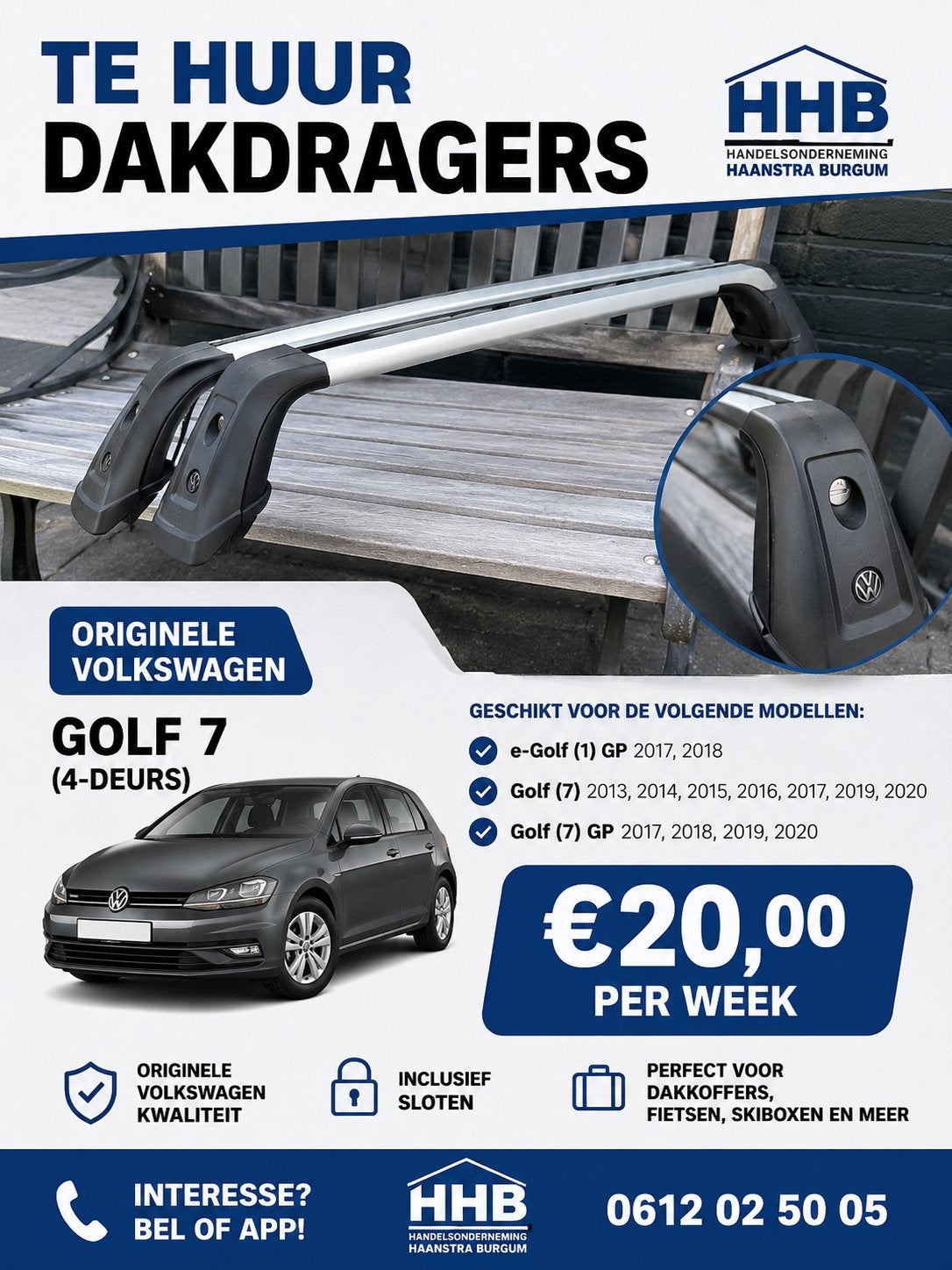 Te huur: Originele Volkswagen Golf 7 dakdragers, Auto diversen, Dakdragers, Ophalen, Gebruikt