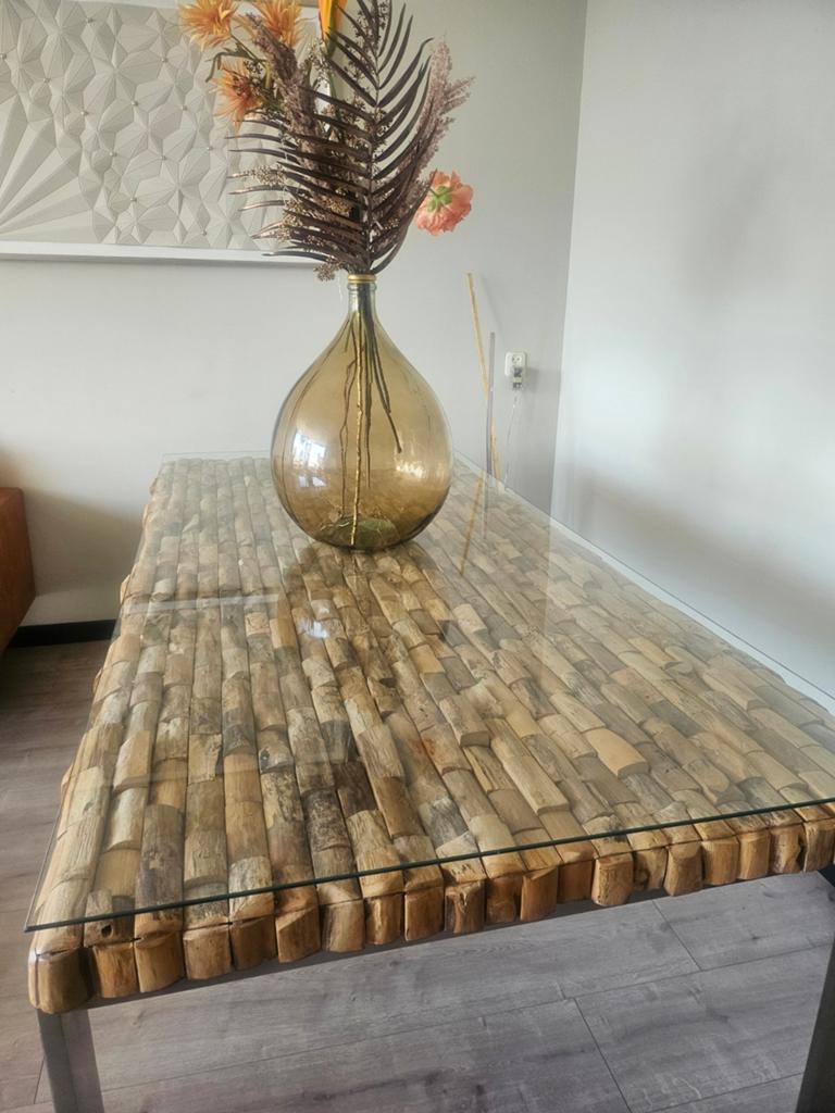 Eettafel 2.10x1m Glazen Blad en Houten Mozaïek, Ophalen, 100 tot 150 cm, Vijf personen of meer, 150 tot 200 cm