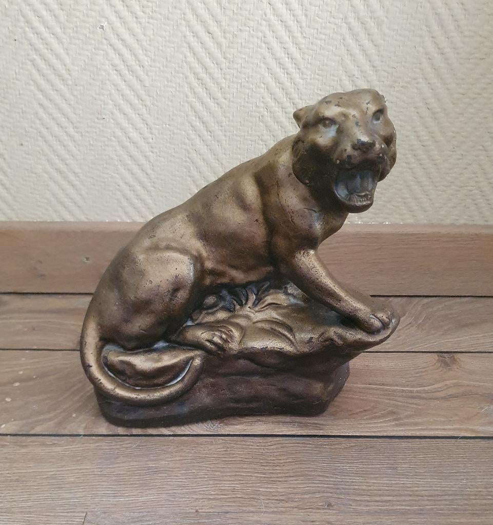 Aardewerken beeld van een panter van M Salvetti, Gemerkt, Ophalen of Verzenden, Zoogdier, 20 - 50 cm
