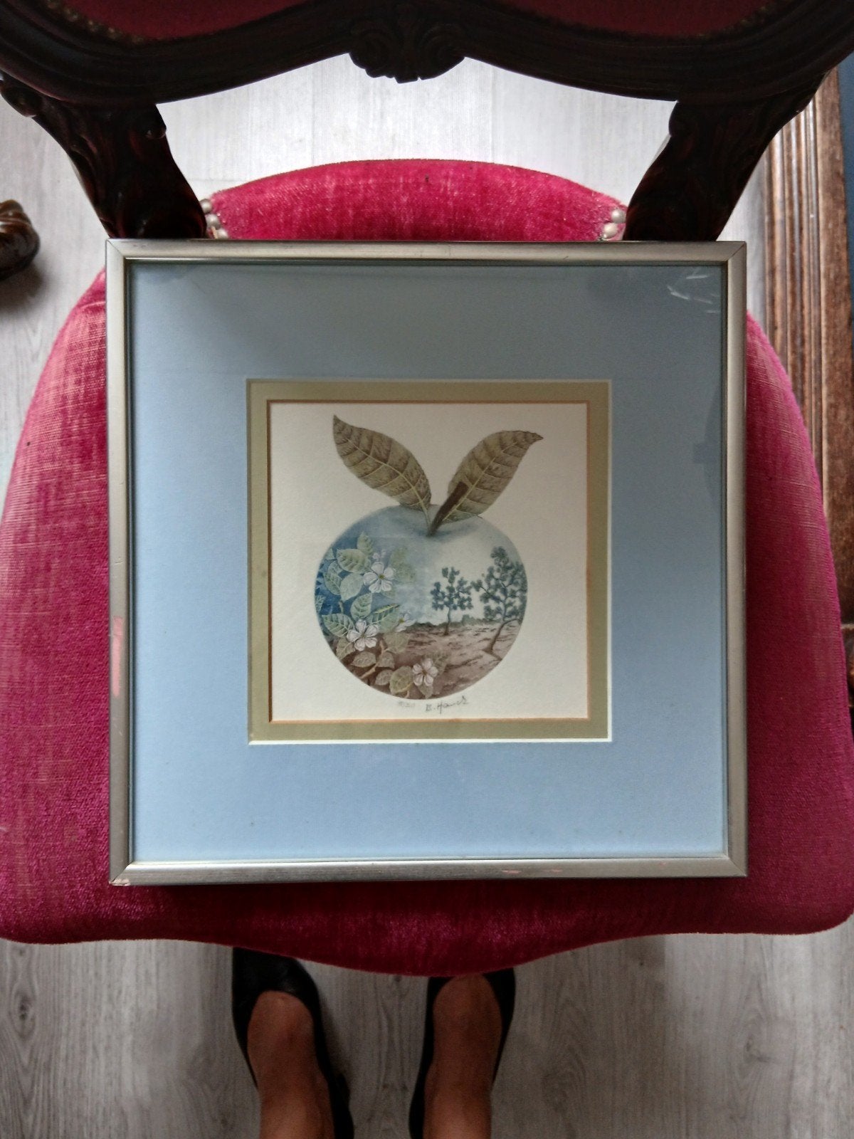 Ingelijste Ets van B. Hanck - Appel met Landschap, Ingelijst, Ophalen of Verzenden, Flora en Fauna, 1950 - 1999