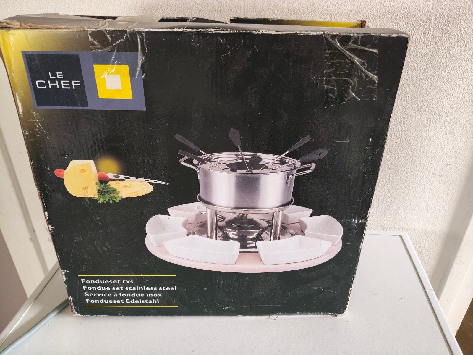 LE CHEF RVS Fondueset met 6 vorkjes en schaaltjes, Ophalen of Verzenden, Nieuw, Brander, Fondueset