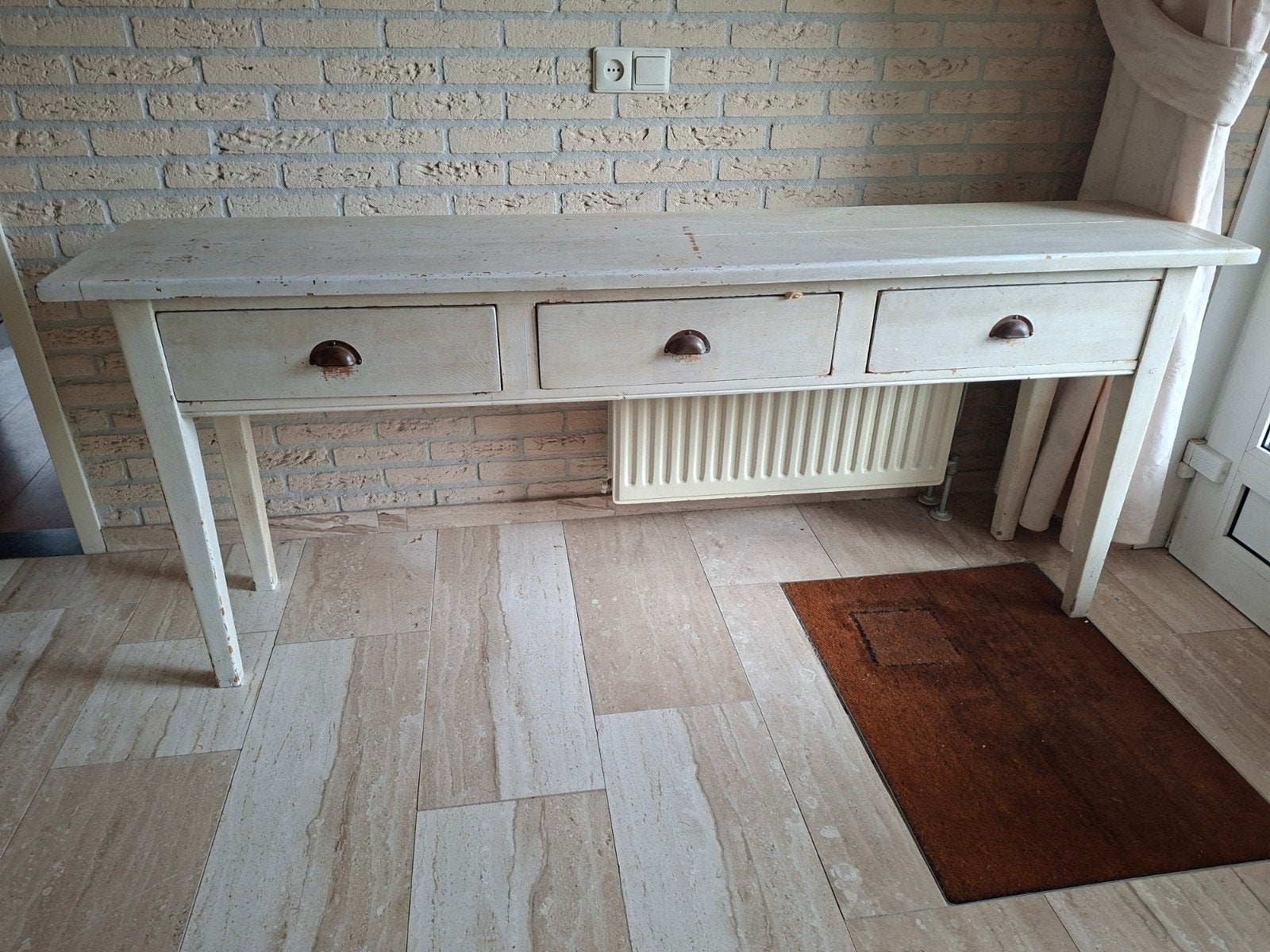Antieke grenen wandtafel met 3 lades - 190x40x78cm, Ophalen