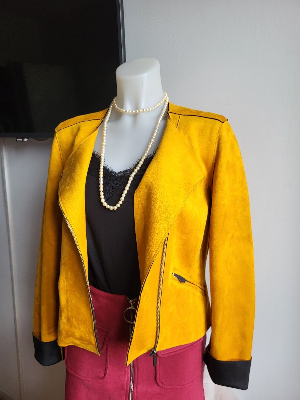 Suède Look Damesjas - Biker/Bomber Model - Maat S, Kleding | Dames, Jassen | Zomer, Zo goed als nieuw, Maat 36 (S), Geel, Ophalen of Verzenden