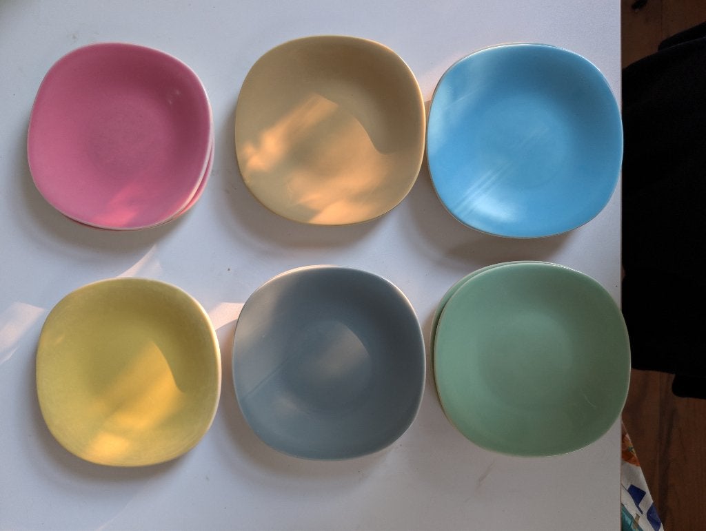 12 vintage Boch Frères La Louvière pastel bordjes – jaren 60, Ophalen of Verzenden