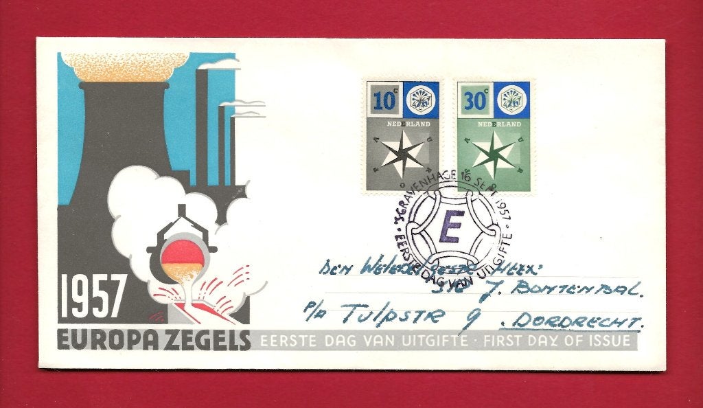 1957 Europazegels FDC E32 met open klep e2, Verzenden, Beschreven, Nederland
