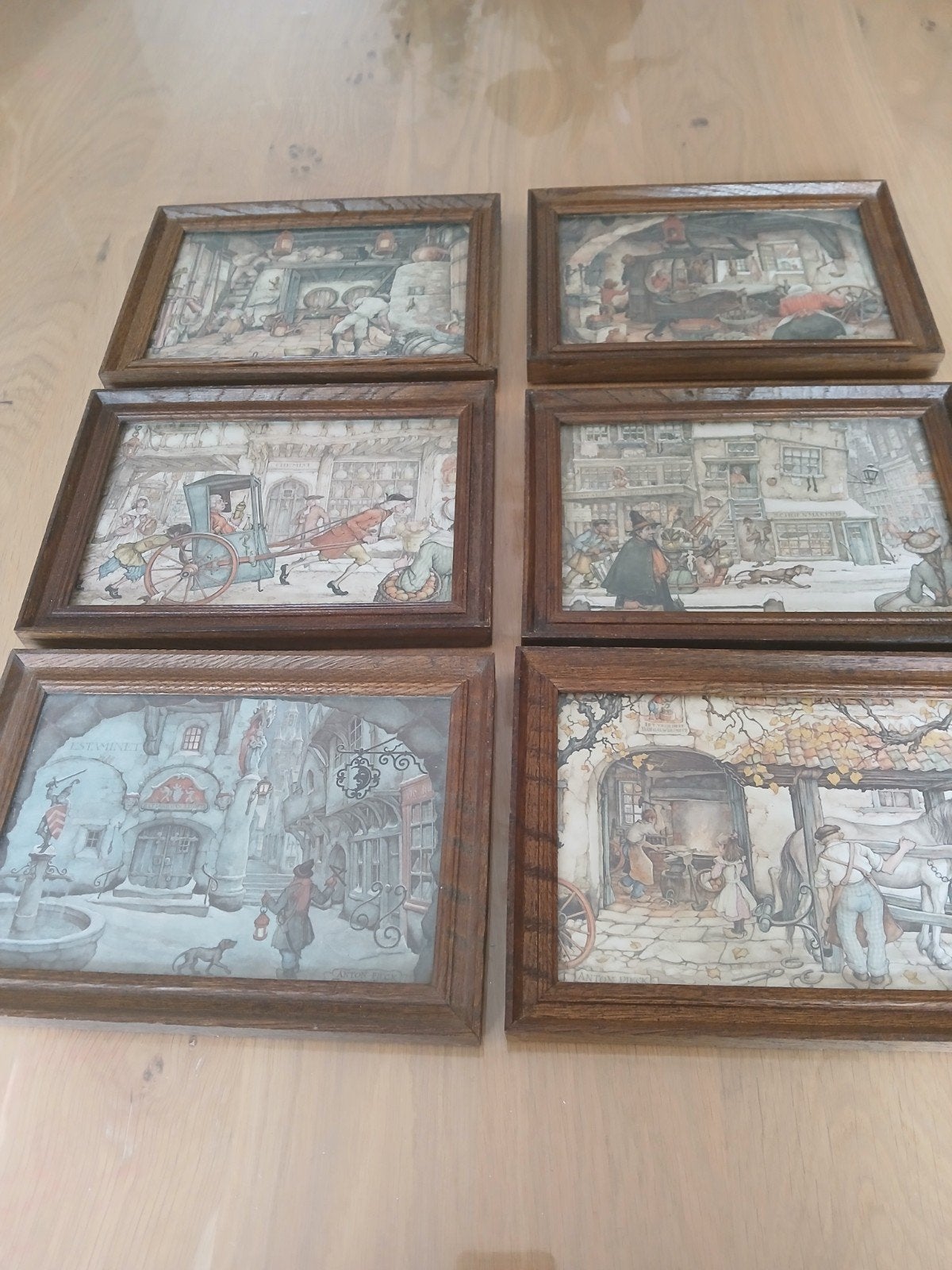 Set van 6 Anton Pieck prenten in houten lijst, Ophalen, Minder dan 50 cm, Gebruikt, Print