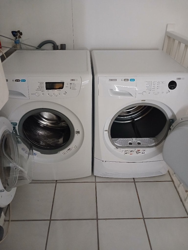 Zanussi Lindo 500 Wasmachine (9kg) + Lindo 1000 Droger (8kg), Witgoed en Apparatuur, Wasmachines, Ophalen, 1200 tot 1600 toeren