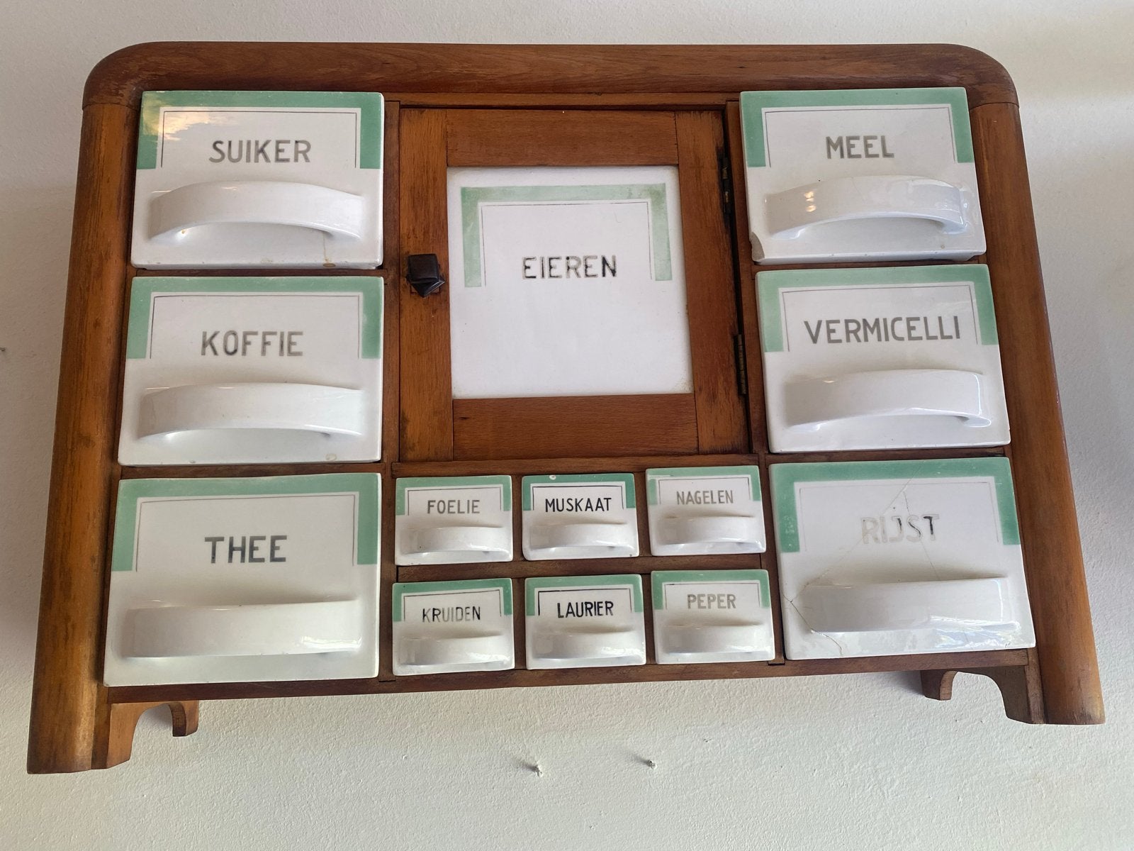 Vintage kruidenrek met porseleinen lades, Ophalen