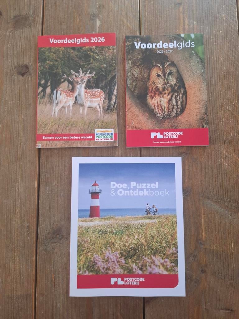Postcode Loterij Voordeelgidsen 2026/2027 + Doe, Puzzel boek, Kortingsbon