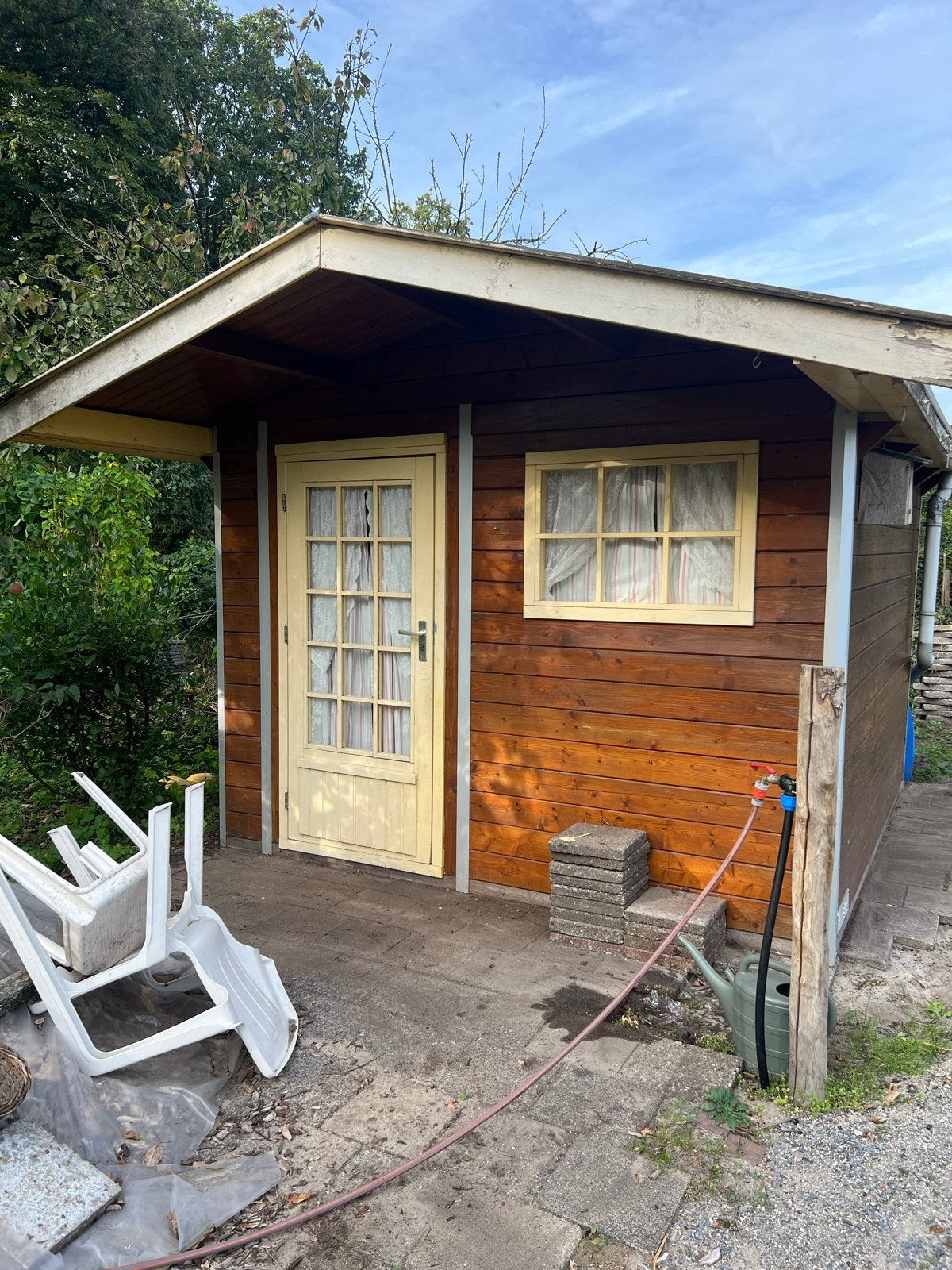 Houten tuinhuis 3 X 3 m met luifel en hardhouten fundering, Tuin en Terras, Ophalen, Tuinhuis, 250 tot 500 cm, 2 ramen