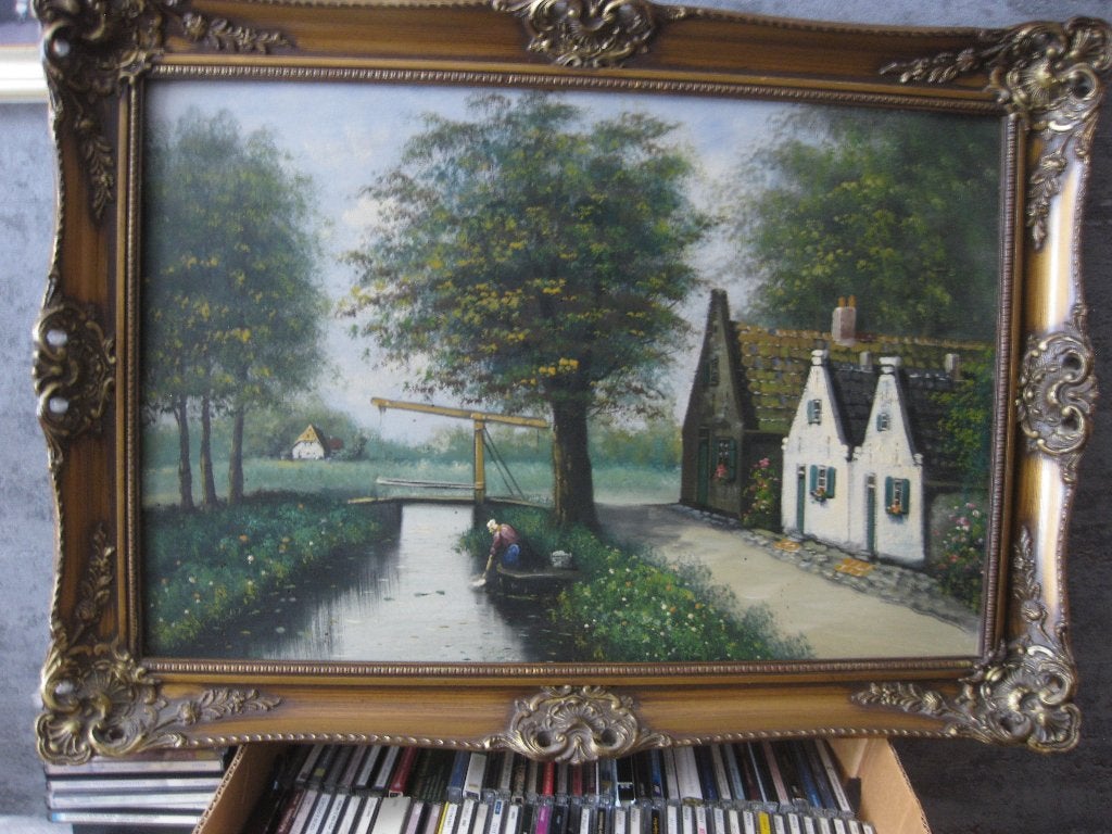 Olieverf schilderij op paneel in antieke lijst, Oud hollands, Bijzondere lijst, Ophalen of Verzenden, Olieverf