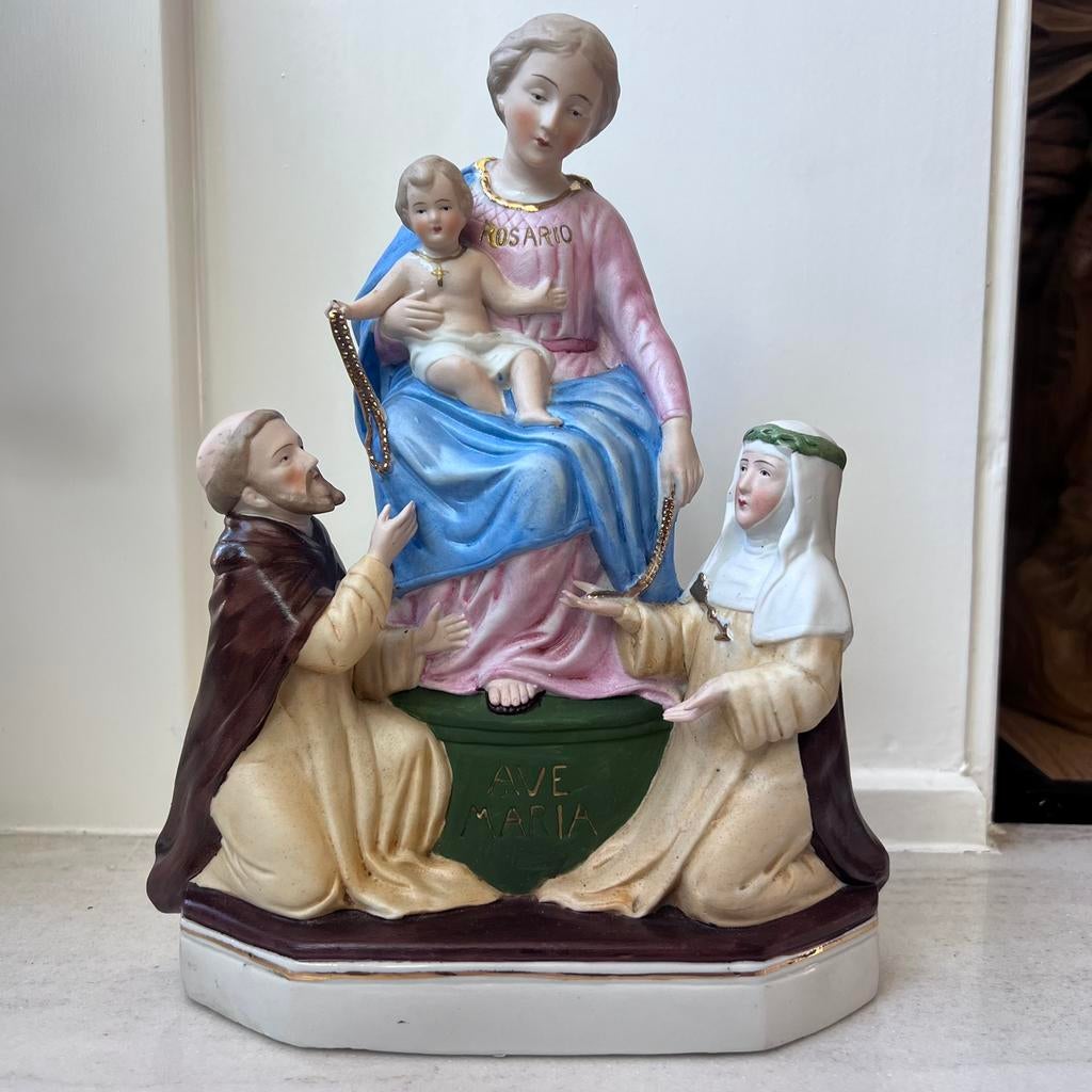 Antiek biscuit porceleinen heiligenbeeld Rosario Maria Jezus, Antiek en Kunst, Antiek | Religie, Ophalen of Verzenden