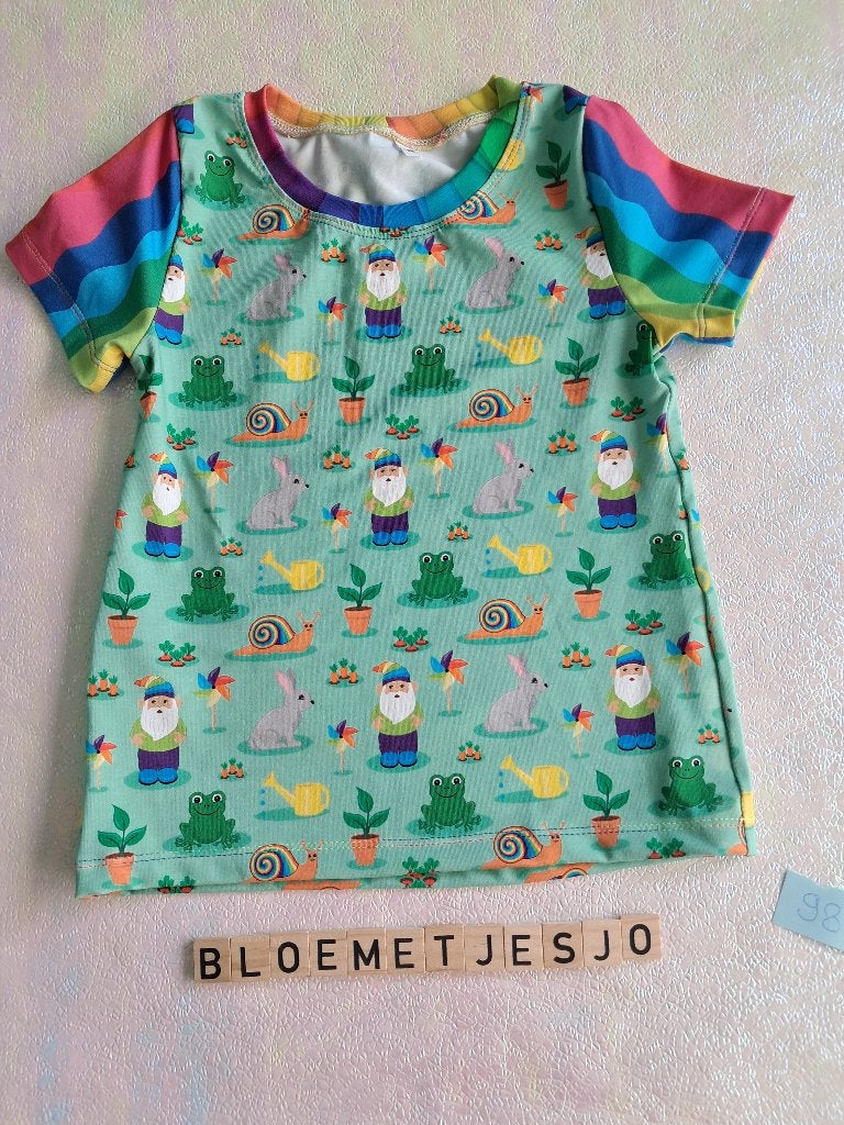 shirt 98 regenboog slakjes zomertuin handgemaakt, Verzenden, Jongen of Meisje, Nieuw, Bloemetjesjo
