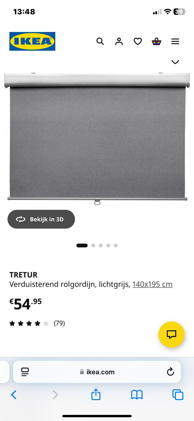 Ikea Tretur verduisterend rolgordijn grijs 140x195, Ophalen, Gebruikt, 100 tot 150 cm, Grijs