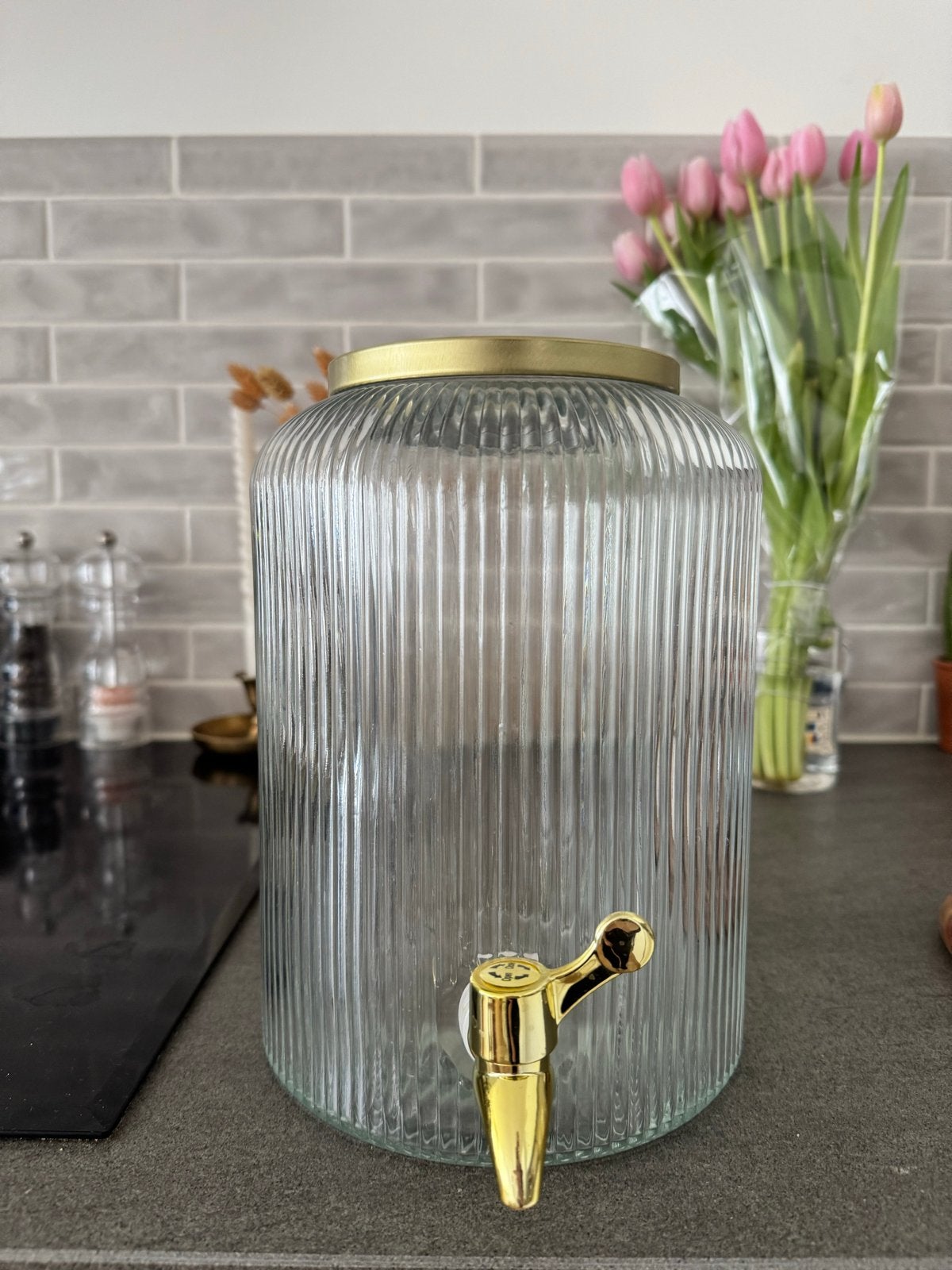 Glazen drankdispenser met gouden kraan en deksel, Ophalen, Zo goed als nieuw, Overige merken, Glas
