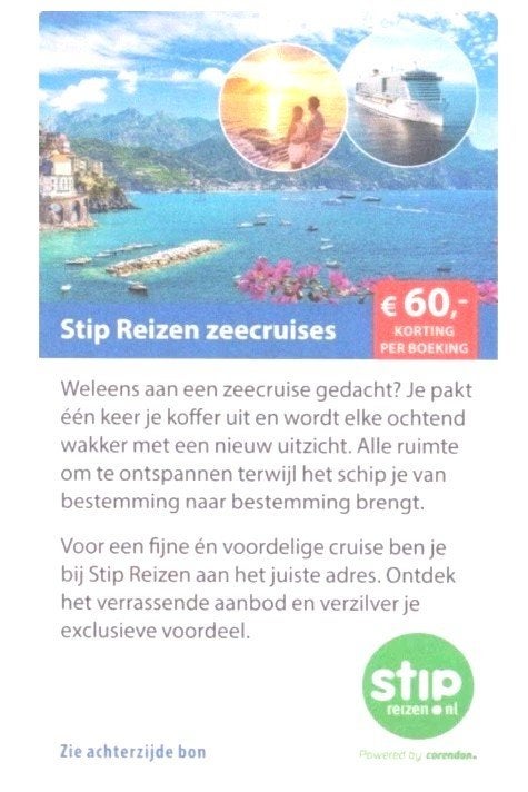 Stip Reizen €60,- korting per boeking op zeecruises, Drie personen of meer, Kortingsbon, Overige typen