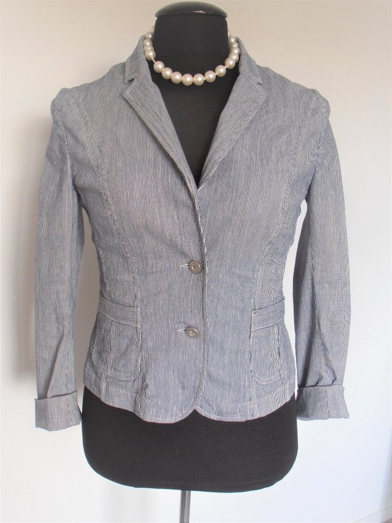 Claudia Straeter prachtig blauw wit linnen zomer jasje - 40, Maat 38/40 (M), Zo goed als nieuw, Verzenden, Blauw