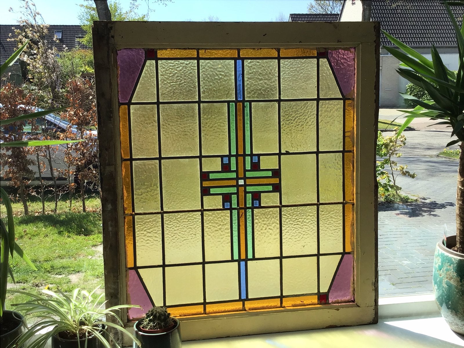 Zeer mooi glas in lood raam in het originele raamwerk, Antiek en Kunst, Ophalen