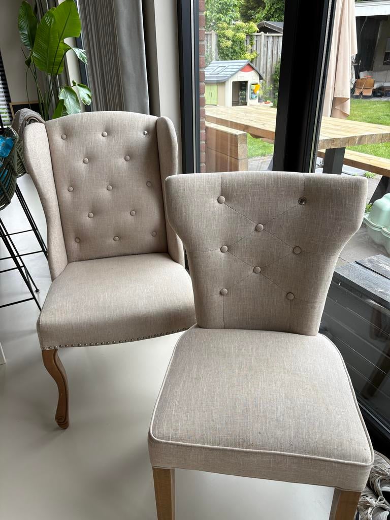 4 Riviera Maison stoelen: 2 wingchairs, 2 eetkamerstoelen, Gebruikt, Overige kleuren, Ophalen of Verzenden, Vier