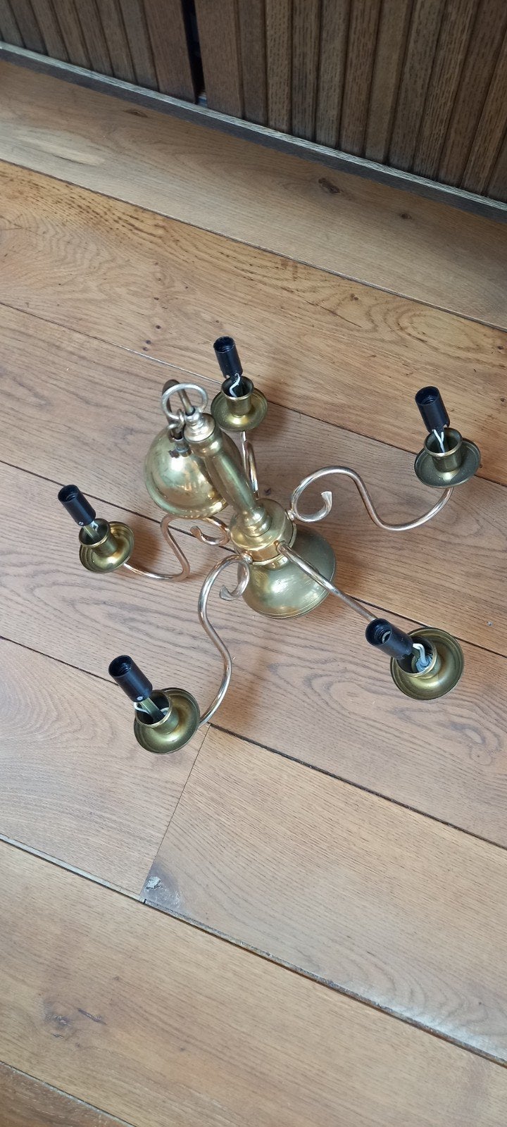 Oude goudkleurige kroonluchter met 5 armen, Ophalen of Verzenden, Gebruikt