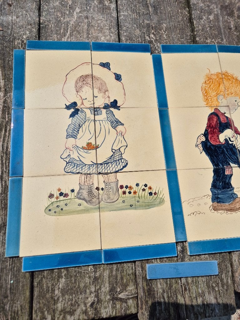 Tegelpaneel jongen en meisje 2x6 tegels +rand losse tegels, Ophalen