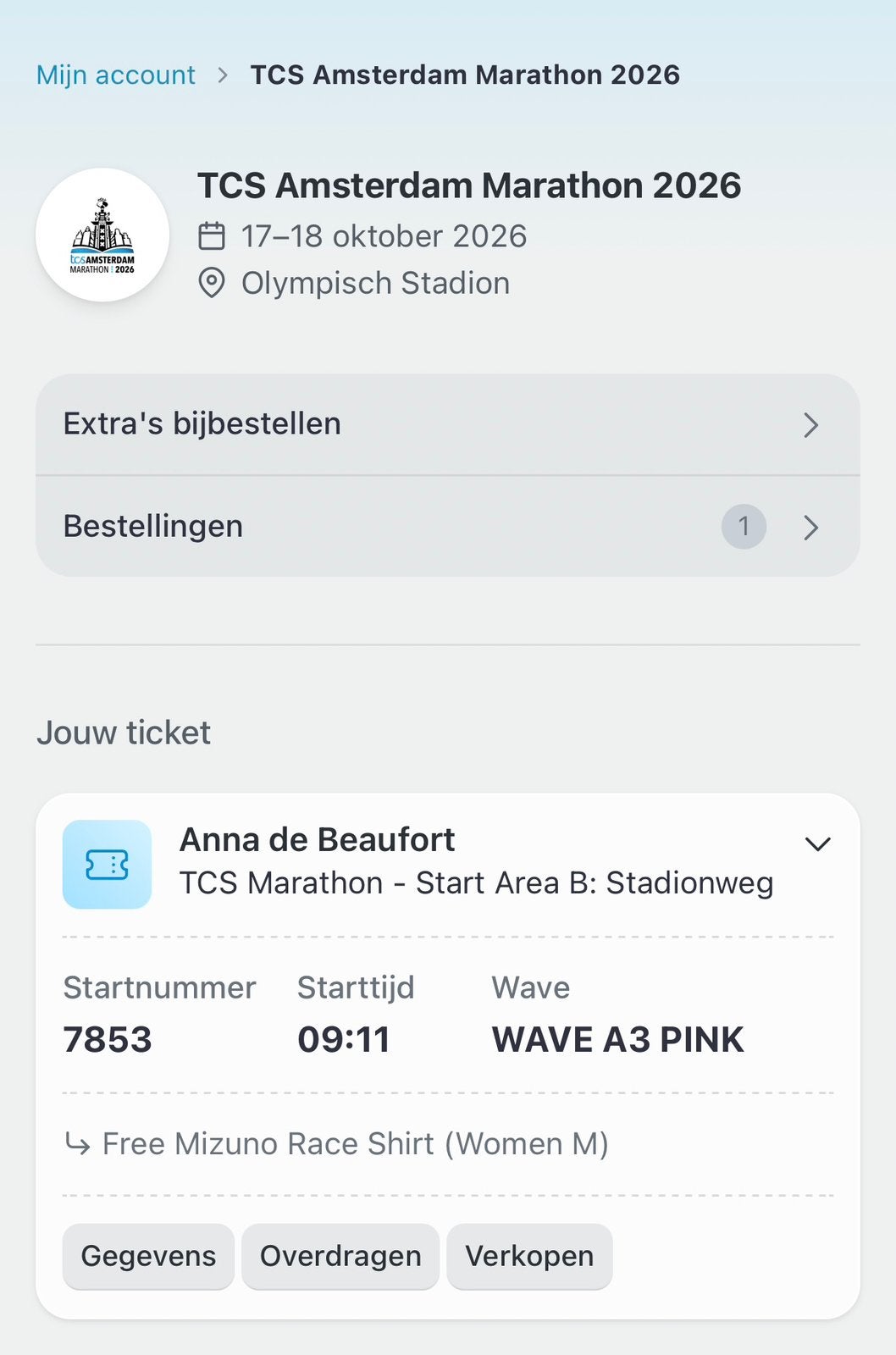 TCS Amsterdam Marathon startbewijs, Tickets en Kaartjes, Eén persoon, Overige soorten