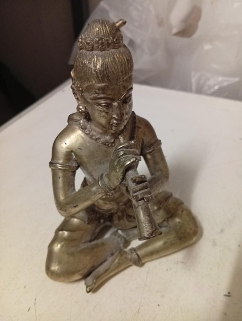 Vintage Bronzen Bhuda Beeldje Fluitspeler - Aziatische Kunst, Minder dan 20 cm, Ophalen of Verzenden, Beeld, Goud