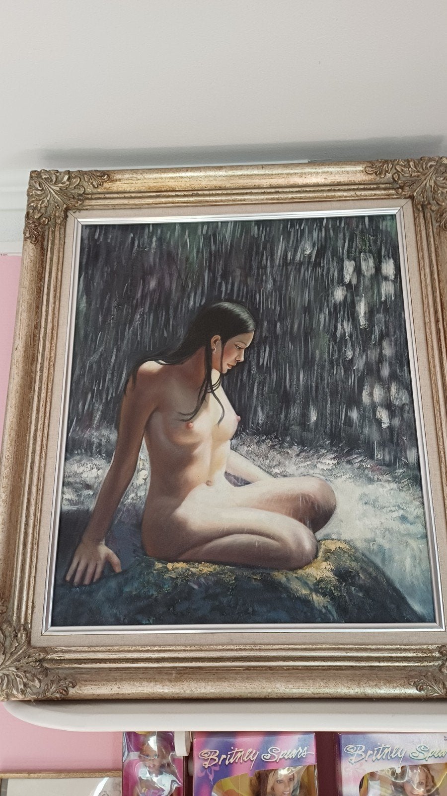 Naakte dame onder waterval schilderij, Antiek en Kunst, Ophalen of Verzenden