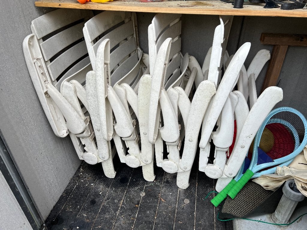 4 Kettler opvouwbare tuinstoelen met blauwe kussens, Ophalen, Gebruikt, Kunststof, Inklapbaar