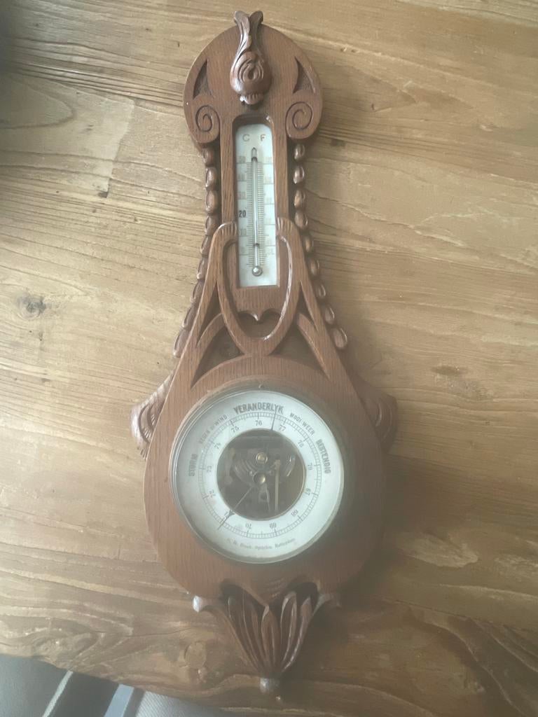 Antieke Holosterische Barometer & Thermometer op Hout, Ophalen of Verzenden, Gebruikt, Weerstation