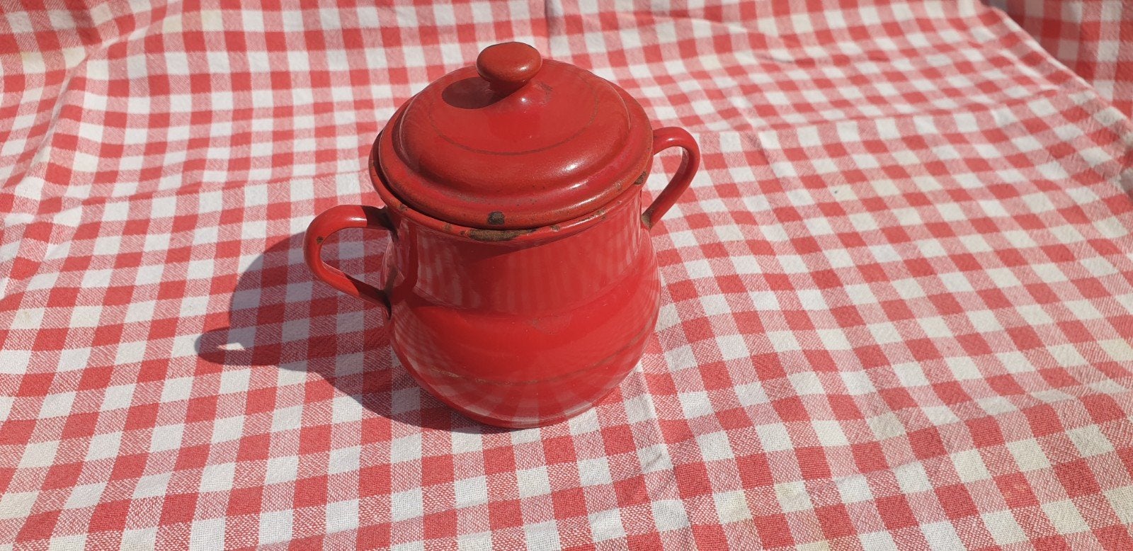 Rood emaille suikerpotje uniek, Ophalen of Verzenden
