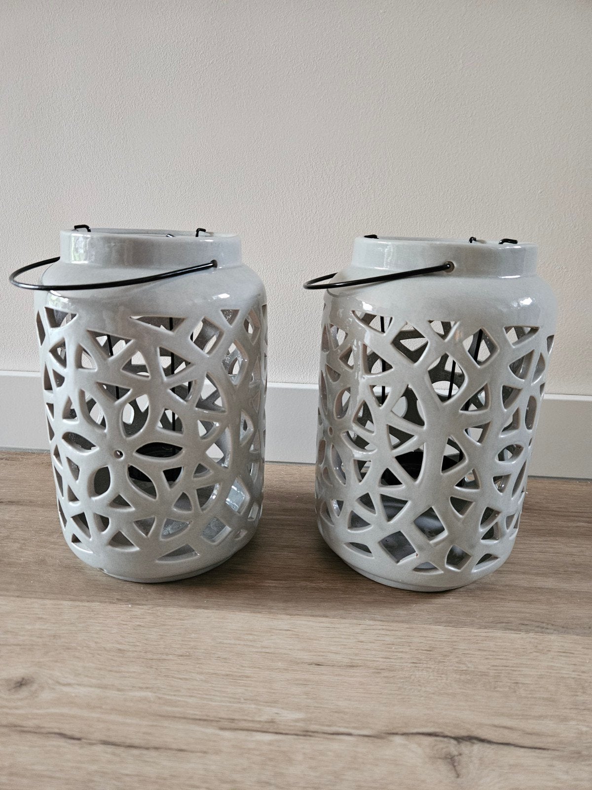 Set van 2 grijze windlichten/lantaarns, Ophalen, Windlicht, Zo goed als nieuw, Grijs
