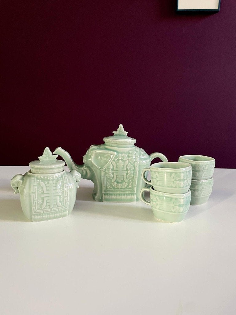 Celadon servies - bombay company: theepot/suikerpot/4 kop, Overige merken, Ophalen of Verzenden, Zo goed als nieuw, Overige stijlen