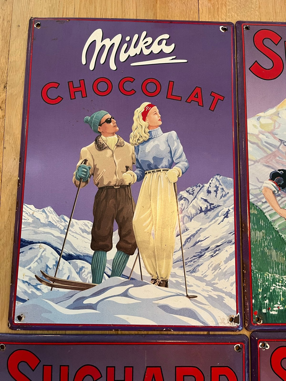 Set van 4 vintage Milka/Suchard emaille reclameborden, Ophalen