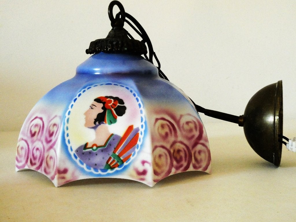 Authentieke Art Deco hanglamp met 4 Flapper Girl medaillons, Ophalen of Verzenden